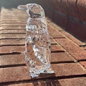 Crystal Penguin Figurine w Baby Clear Cut Glass Bird Statue Decor